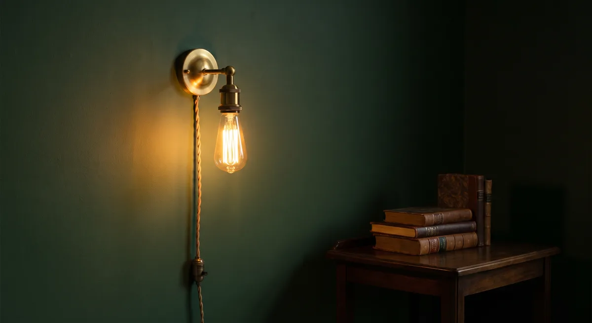 Dark green wall with matte finish and brass sconce