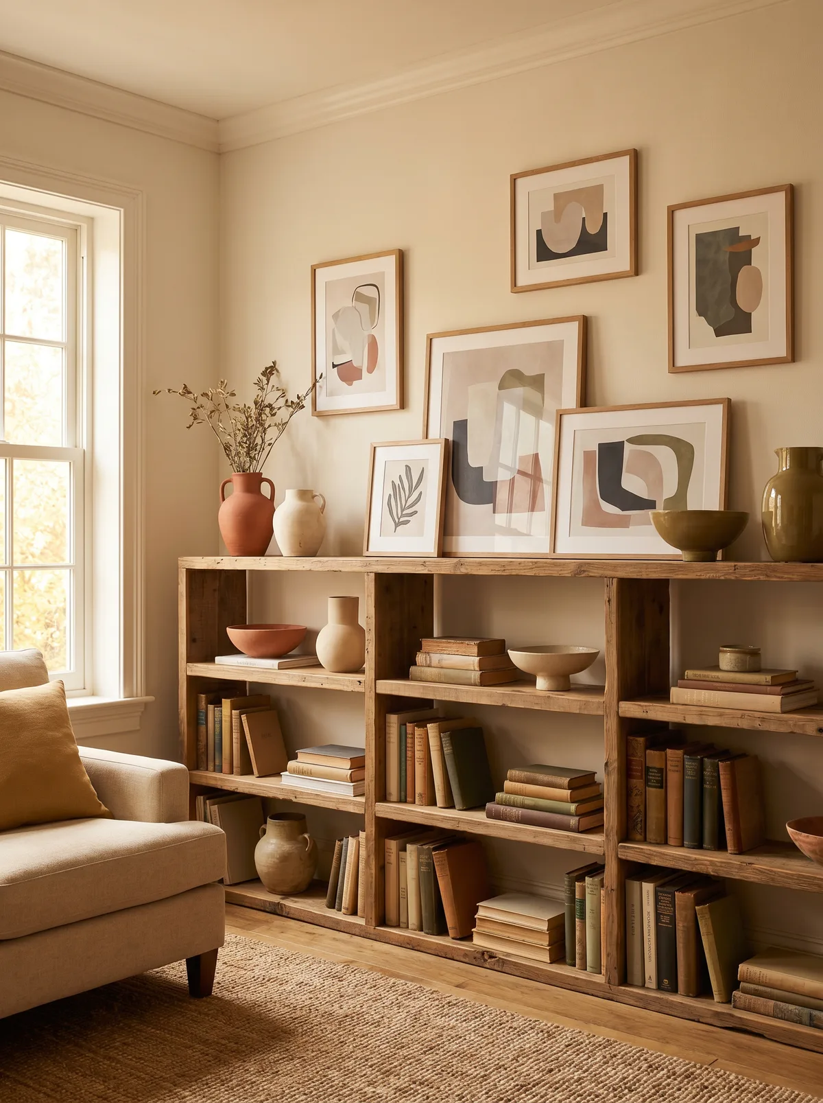 Eclectic shelf mixing modern art and antique pottery