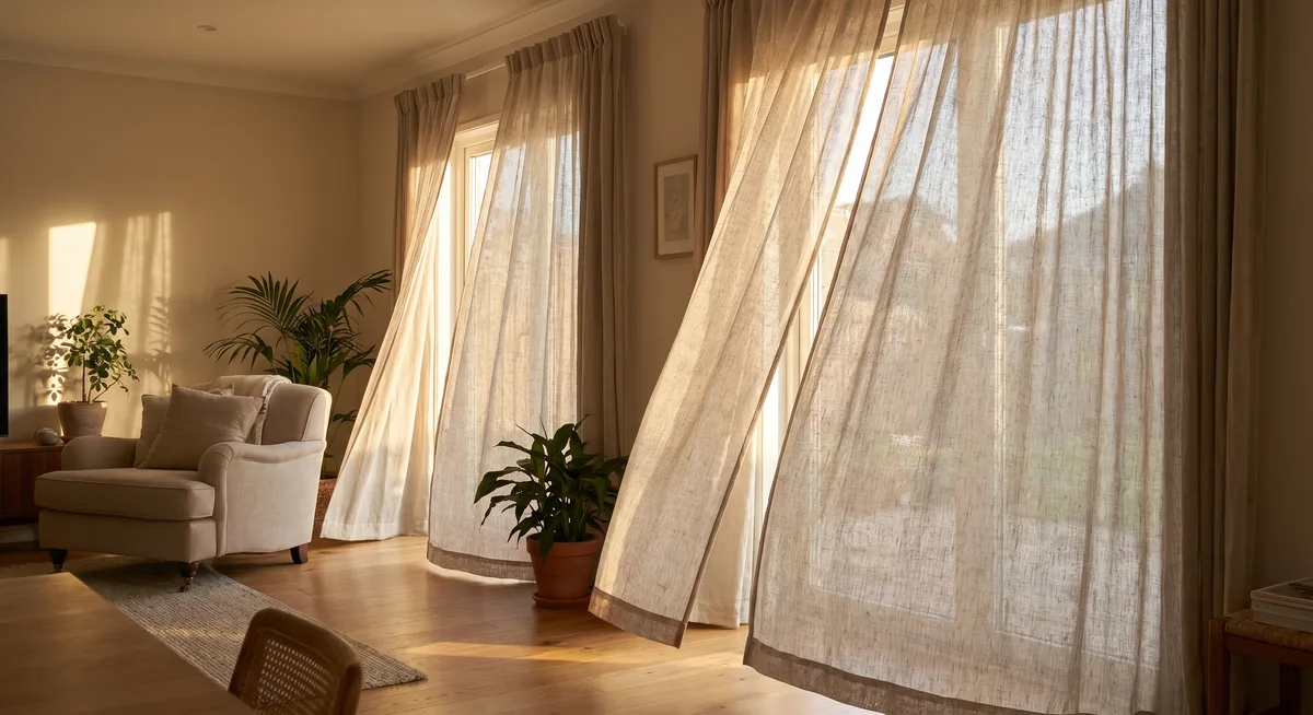 Light filtering through sheer linen curtains