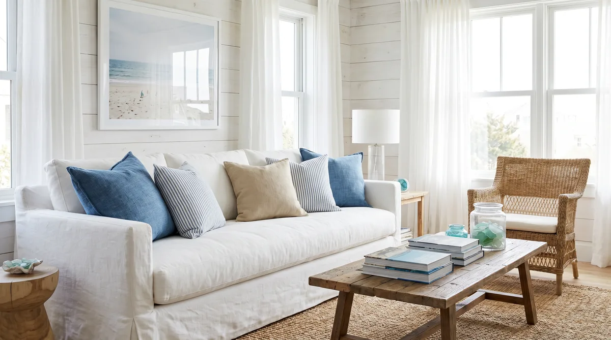 White slipcovered sofa with soft throw pillows