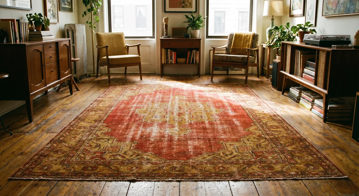 Vintage Turkish rug in a lived-in living room