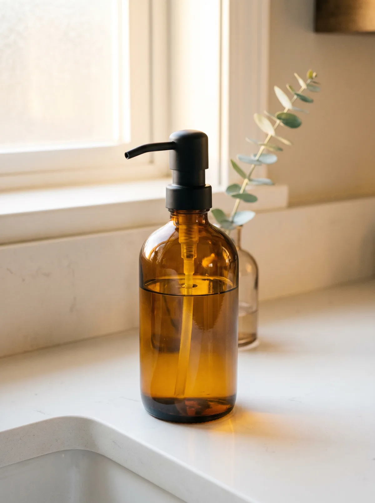 Amber glass soap dispenser with matte black pump