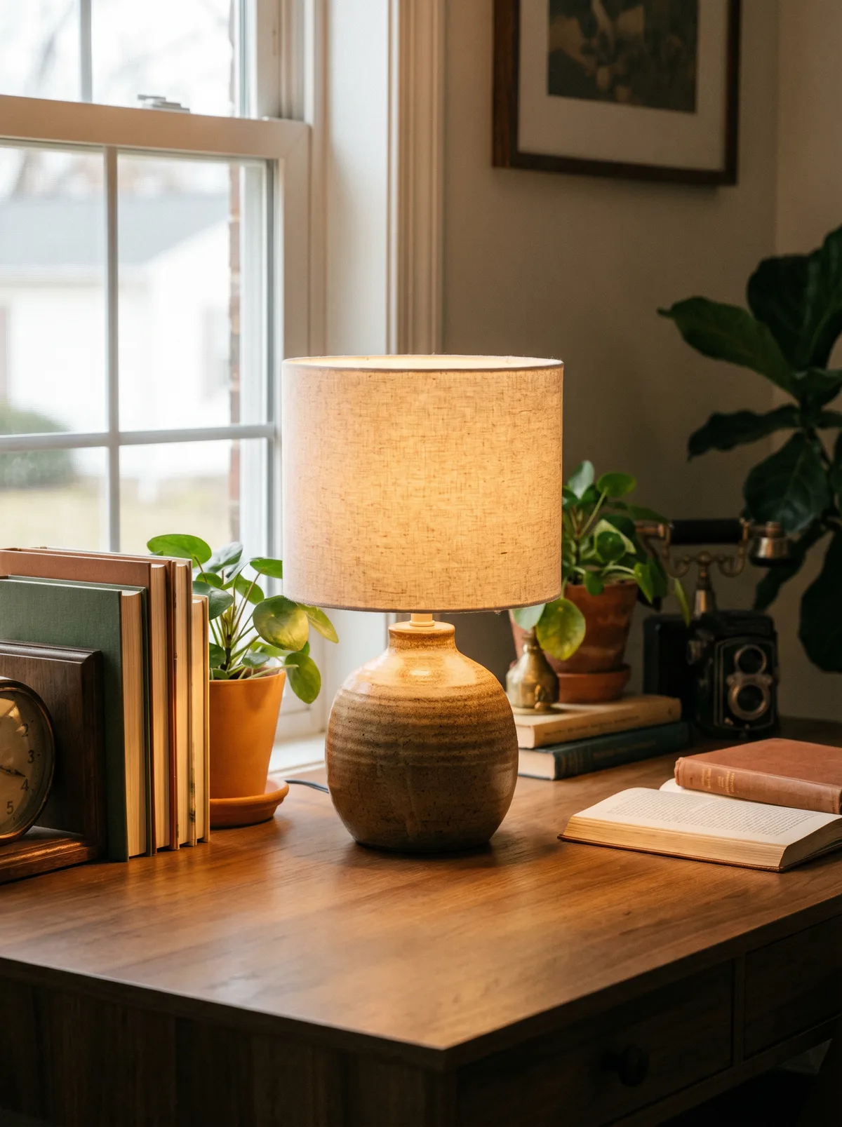 Ceramic base desk lamp with linen shade