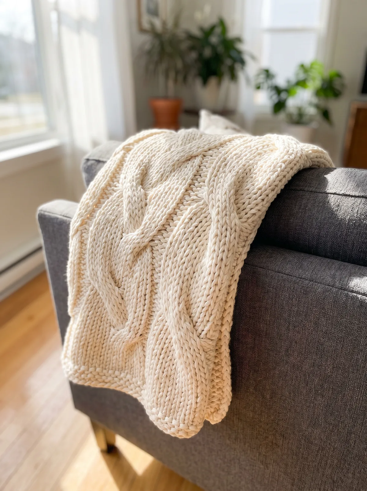 Chunky knit cotton throw blanket on a sofa