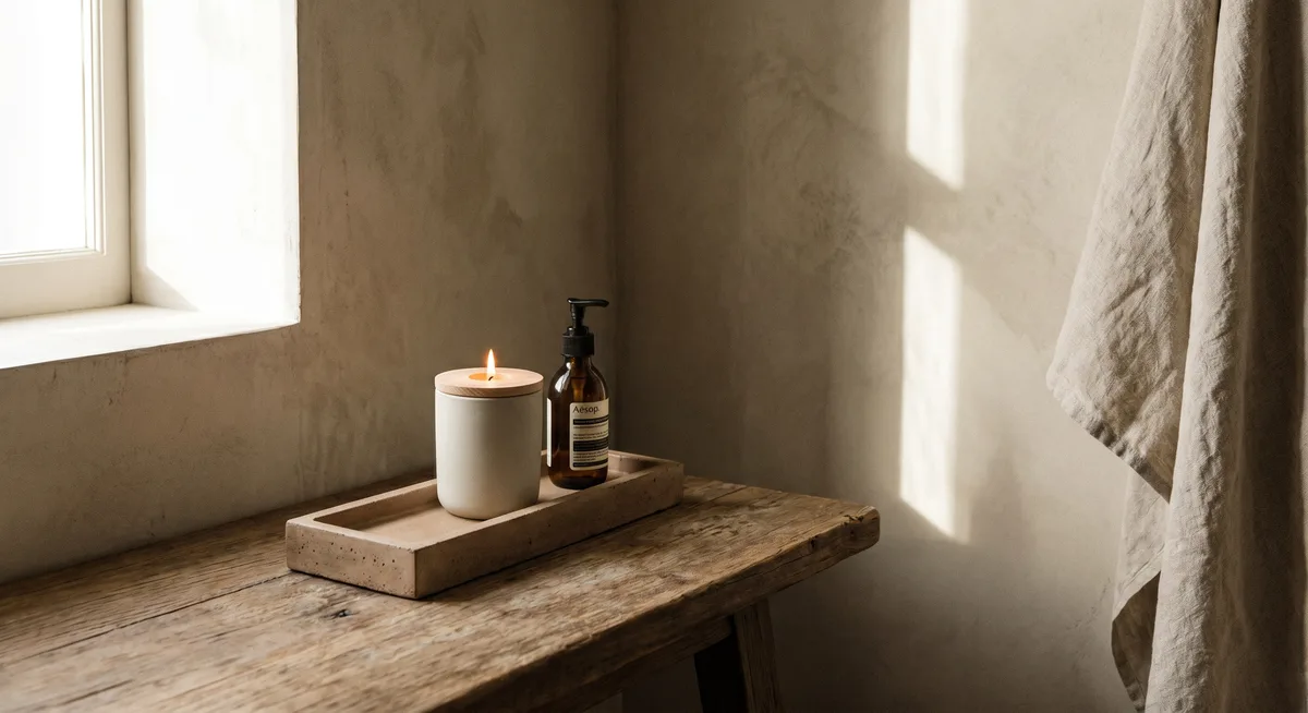 Small concrete vanity tray holding a candle and soap