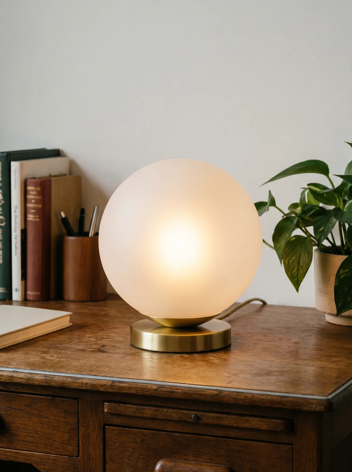 Glass globe desk lamp with brass base