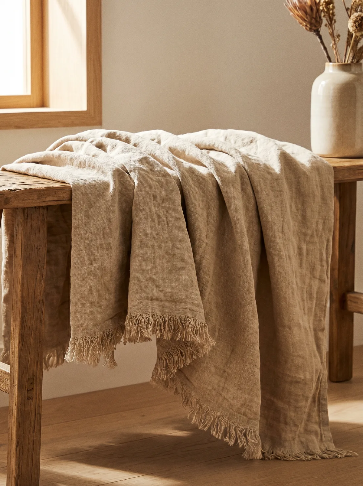 Linen throw blanket with frayed edges