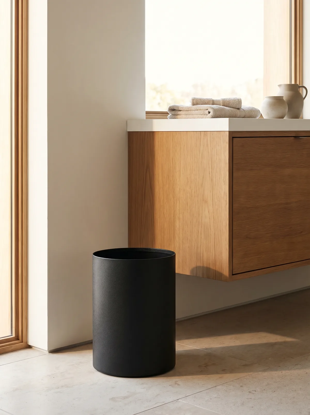Matte black slim wastebasket