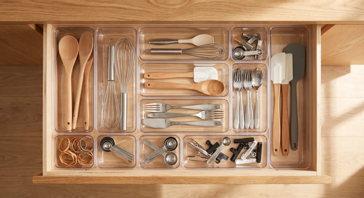 Clear modular drawer organizer bins