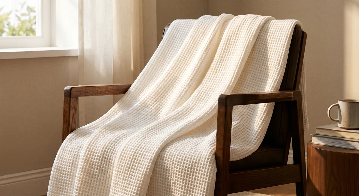 Waffle weave throw blanket draped over an armchair